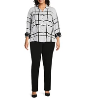 Investments Plus Size Woven Blocked Plaid 3/4 Sleeve Point Collar Button Front Split Cuff Top