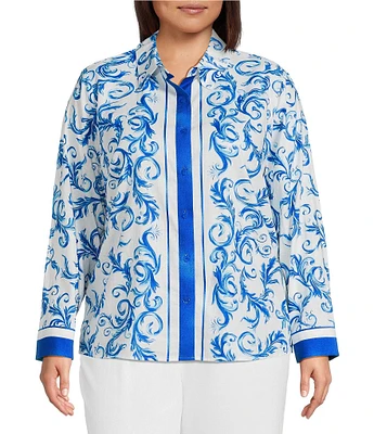 Investments Plus Size Woven Blue Lolite Status Border Long Sleeve Point Collar Button Front Top