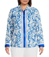 Investments Plus Size Woven Blue Lolite Status Border Long Sleeve Point Collar Button Front Top