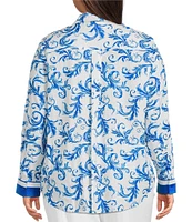 Investments Plus Size Woven Blue Lolite Status Border Long Sleeve Point Collar Button Front Top