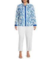 Investments Plus Size Woven Blue Lolite Status Border Long Sleeve Point Collar Button Front Top