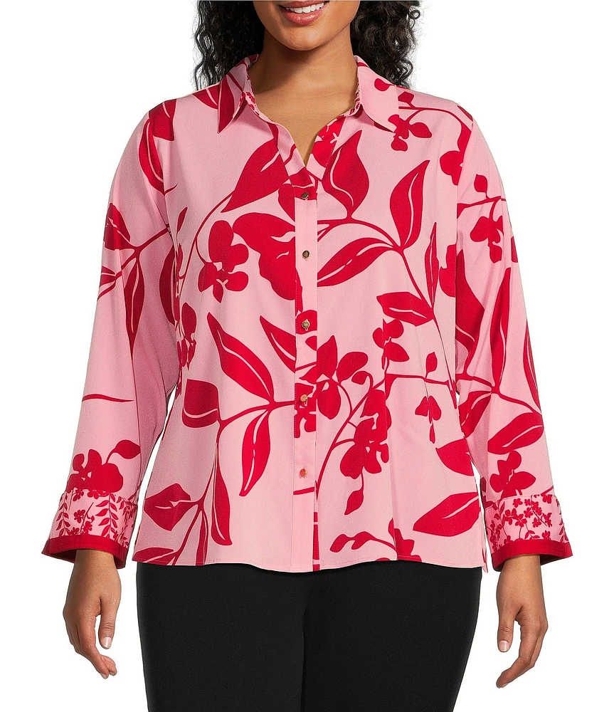 Investments Plus Size Woven Bold Tropical Palm 3/4 Sleeve Point Collar Button Front Split Cuff Top