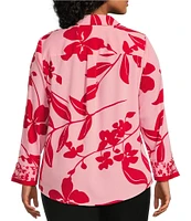 Investments Plus Size Woven Bold Tropical Palm 3/4 Sleeve Point Collar Button Front Split Cuff Top