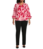Investments Plus Size Woven Bold Tropical Palm 3/4 Sleeve Point Collar Button Front Split Cuff Top