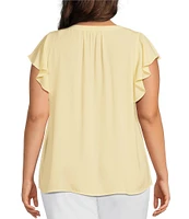 Investments Plus Size Woven Button Front Flutter Cap Sleeve Top