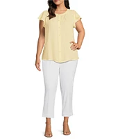 Investments Plus Size Woven Button Front Flutter Cap Sleeve Top