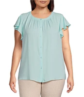 Investments Plus Size Woven Button Front Flutter Cap Sleeve Top