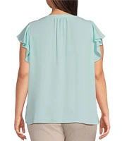 Investments Plus Size Woven Button Front Flutter Cap Sleeve Top