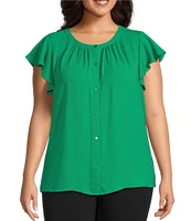 Investments Plus Size Woven Button Front Flutter Cap Sleeve Top