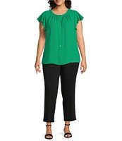 Investments Plus Size Woven Button Front Flutter Cap Sleeve Top