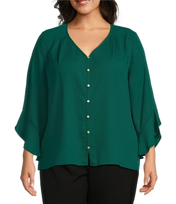 Investments Plus Size Woven Faux Button Front V-Neck 3/4 Flare Ruffle Sleeve Top