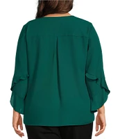 Investments Plus Size Woven Faux Button Front V-Neck 3/4 Flare Ruffle Sleeve Top