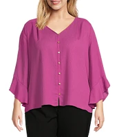 Investments Plus Size Woven Faux Button Front V-Neck 3/4 Flare Ruffle Sleeve Top