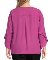 Investments Plus Size Woven Faux Button Front V-Neck 3/4 Flare Ruffle Sleeve Top