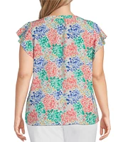 Investments Plus Size Woven Floral Scoop Neck Flutter Cap Sleeve Button Front Top