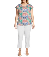 Investments Plus Size Woven Floral Scoop Neck Flutter Cap Sleeve Button Front Top