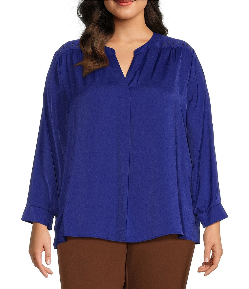 Investments Plus Size Woven Inverted Pleat V-Neck 3/4 Sleeve Embellished Top