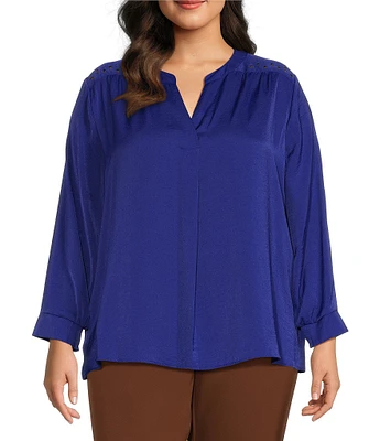 Investments Plus Size Woven Inverted Pleat V-Neck 3/4 Sleeve Embellished Top