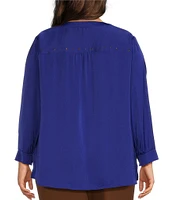 Investments Plus Size Woven Inverted Pleat V-Neck 3/4 Sleeve Embellished Top