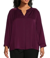 Investments Plus Size Woven Inverted Pleat V-Neck 3/4 Sleeve Embellished Top