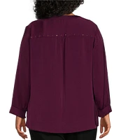 Investments Plus Size Woven Inverted Pleat V-Neck 3/4 Sleeve Embellished Top