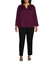 Investments Plus Size Woven Inverted Pleat V-Neck 3/4 Sleeve Embellished Top