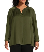 Investments Plus Size Woven Inverted Pleat V-Neck 3/4 Sleeve Embellished Top