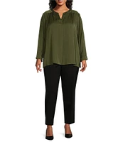 Investments Plus Size Woven Inverted Pleat V-Neck 3/4 Sleeve Embellished Top