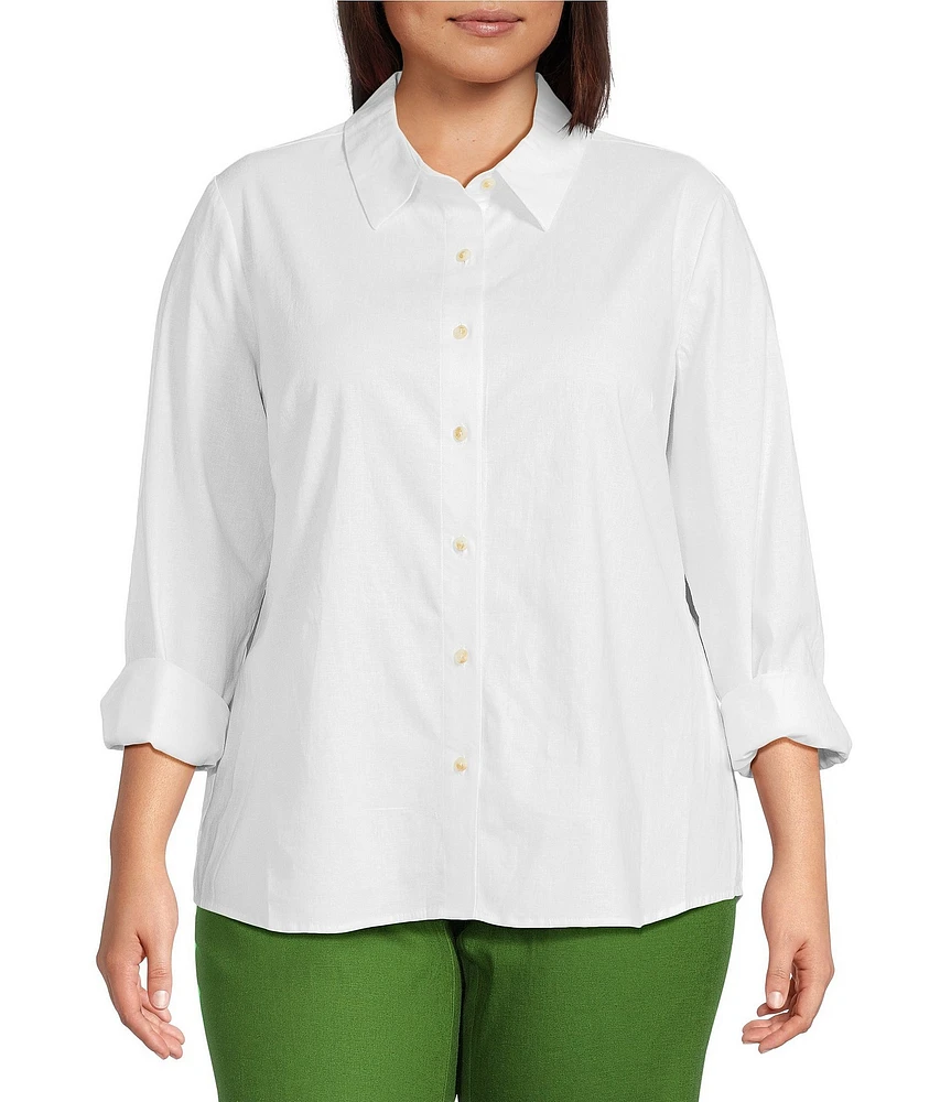 Investments Plus Size Woven Long Sleeve Point Collar Button Front Top