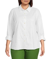 Investments Plus Size Woven Long Sleeve Point Collar Button Front Top