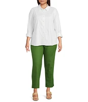 Investments Plus Size Woven Long Sleeve Point Collar Button Front Top