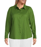 Investments Plus Size Woven Long Sleeve Point Collar Button Front Top