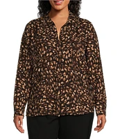 Investments Plus Size Woven Long Sleeve V-Neck One Button Closure Blouse