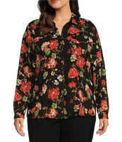 Investments Plus Size Woven Long Sleeve V-Neck One Button Closure Floral Blouse