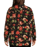 Investments Plus Size Woven Long Sleeve V-Neck One Button Closure Floral Blouse