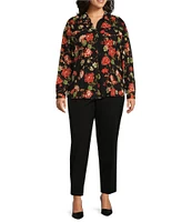 Investments Plus Size Woven Long Sleeve V-Neck One Button Closure Floral Blouse