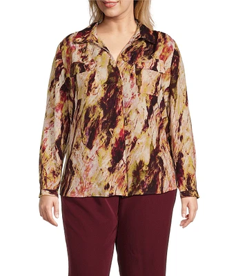 Investments Plus Size Woven Long Sleeve V-Neck One Button Closure Marble Print Blouse