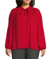 Investments Plus Size Woven Long Sleeve V-Neck Tie Detail Top