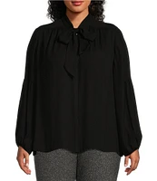 Investments Plus Size Woven Long Sleeve V-Neck Tie Detail Top