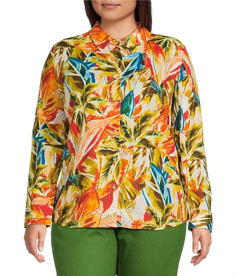 Investments Plus Size Woven Palm Beach Multi Long Sleeve Point Collar Button Front Top