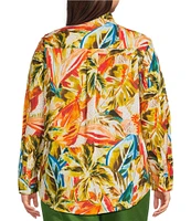 Investments Plus Size Woven Palm Beach Multi Long Sleeve Point Collar Button Front Top
