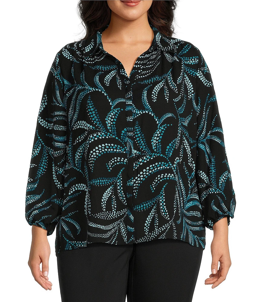 Investments Plus Size Woven Point Collar 3/4 Sleeve Palm Print Button Front Top