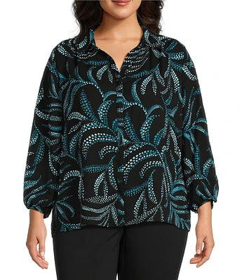 Investments Plus Size Woven Point Collar 3/4 Sleeve Palm Print Button Front Top