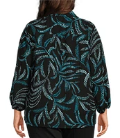 Investments Plus Size Woven Point Collar 3/4 Sleeve Palm Print Button Front Top