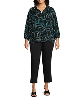 Investments Plus Size Woven Point Collar 3/4 Sleeve Palm Print Button Front Top