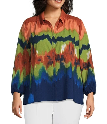 Investments Plus Size Woven Printed Point Collar Long Sleeve Button Front Top