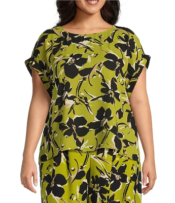 Investments Plus Size Blocked Floral Print Woven Short Cuff Sleeve Novelty Top