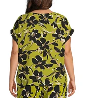 Investments Plus Size Blocked Floral Print Woven Short Cuff Sleeve Novelty Top