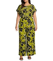 Investments Plus Size Blocked Floral Print Woven Short Cuff Sleeve Novelty Top