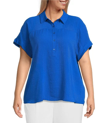 Investments Plus Size Woven Short Sleeve Point Collar Partial Button Front Top